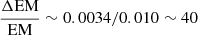 Mathematical equation: $ \frac{\Delta \mathrm{EM}}{\mathrm{EM}}\sim0.0034/0.010\sim40 $