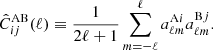 Mathematical equation: $$ \begin{aligned} \hat{C}^{\mathrm{AB}}_{ij}(\ell )\equiv \frac{1}{2\ell +1}\sum _{m=-\ell }^{\ell }a_{\ell m}^{\mathrm{A} i}a_{\ell m}^{\mathrm{B} j}. \end{aligned} $$