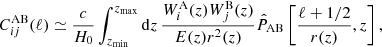 Mathematical equation: $$ \begin{aligned} C^\mathrm{AB}_{ij}(\ell )\simeq \frac{c}{H_0} \int _{z_{\rm min}}^{z_{\rm max}}\mathrm{d}z\, \frac{W_{i}^\mathrm{A}(z) W_{j}^\mathrm{B}(z)}{E(z) r^{2}(z)} \hat{P}_{\rm AB}\left[\frac{\ell +1/2}{r(z)}, z\right], \end{aligned} $$