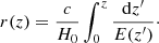 Mathematical equation: $$ \begin{aligned} r(z) = \frac{c}{H_0} \int _0^z \frac{\mathrm{d}z^\prime }{E(z^\prime )}\cdot \end{aligned} $$