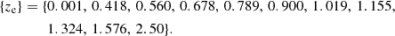 Mathematical equation: $$ \begin{aligned} \{z_{\rm e}\} = \{&0.001, \, 0.418, \, 0.560, \, 0.678, \, 0.789, \, 0.900, \, 1.019, \, 1.155,\nonumber \\&1.324, \, 1.576, \,2.50\}. \end{aligned} $$