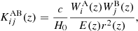 Mathematical equation: $$ \begin{aligned} K_{i j}^\mathrm{AB}(z)= \frac{c}{H_0} \frac{W_i^\mathrm{A}(z)W_j^\mathrm{B}(z)}{E(z) r^2(z)}, \end{aligned} $$