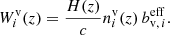 Mathematical equation: $$ \begin{aligned} W_{i}^{\mathrm{v}}(z) = \frac{H(z)}{c} n^\mathrm{v}_{i}(z)\,b_{\mathrm{v},\,i}^\mathrm{eff}. \end{aligned} $$