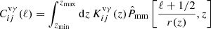 Mathematical equation: $$ \begin{aligned} C^{\mathrm{v}\gamma }_{ij}(\ell )=\int _{z_{\rm min}}^{z_{\rm max}}\mathrm{d}z\,K_{i j}^{\mathrm{v}\gamma }(z) \hat{P}_{\rm mm}\left[\frac{\ell +1/2}{r(z)}, z\right] \end{aligned} $$