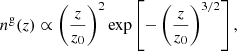 Mathematical equation: $$ \begin{aligned} n^\mathrm{g}(z)\propto \left(\frac{z}{z_{0}}\right)^{2} \exp \left[-\left(\frac{z}{z_{0}}\right)^{3/2}\right], \end{aligned} $$