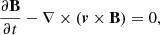 Mathematical equation: $$ \begin{aligned}&\frac{\partial \mathbf B }{\partial t} - \nabla \times ( \boldsymbol{v} \times \mathbf B ) = 0 , \end{aligned} $$