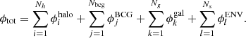 Mathematical equation: $$ \begin{aligned} \phi _{\rm tot}= \sum _{i=1}^{N_h}\phi _i^\mathrm{halo}+\sum _{j=1}^{N_{\rm bcg}}\phi _j^\mathrm{BCG}+\sum _{k=1}^{N_g}\phi _k^\mathrm{gal}+\sum _{l=1}^{N_s}\phi _l^\mathrm{ENV}. \end{aligned} $$