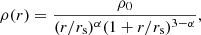 Mathematical equation: $$ \begin{aligned} \rho (r) = \frac{\rho _{\mathrm{0} }}{(r/r_{\mathrm{s} })^{\alpha } (1+r/r_{\mathrm{s} })^{3-\alpha }}, \end{aligned} $$