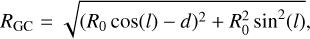 Mathematical equation: ${R_{{\rm{GC}}}} = \sqrt {{{\left( {{R_0}\cos \left( l \right) - d} \right)}^2} + R_0^2{{\sin }^2}\left( l \right)} ,$