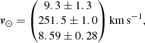 Mathematical equation: $$ \begin{aligned} {\boldsymbol{v}}_\odot = \begin{pmatrix} 9.3 \pm 1.3 \\ 251.5 \pm 1.0 \\ 8.59 \pm 0.28 \end{pmatrix} \mathrm{km\,s}^{-1}, \end{aligned} $$