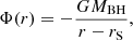 Mathematical equation: $$ \begin{aligned} \Phi (r) = - \frac{GM_{\rm BH}}{r-r_{\rm S}} ,\end{aligned} $$