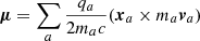 Mathematical equation: $ \boldsymbol{\mu}=\sum_a\frac{q_a}{2m_ac}(\boldsymbol{x}_a\times m_a\boldsymbol{v}_a) $