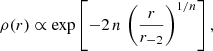 Mathematical equation: $$ \begin{aligned} \rho (r) \propto \exp \left[-2\,n\,\left({r\over r_{-2}}\right)^{1/n}\right], \end{aligned} $$