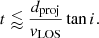 Mathematical equation: $$ \begin{aligned} t \lessapprox \frac{d_{\rm proj}}{v_{\rm LOS}} \tan i. \end{aligned} $$
