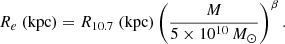 Mathematical equation: $$ \begin{aligned} R_e\ (\mathrm{kpc} )=R_{10.7}\ (\mathrm{kpc} ) \left( \frac{M}{5 \times 10^{10}\,M_{\odot }} \right)^\beta . \end{aligned} $$