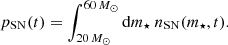 Mathematical equation: $$ \begin{aligned} {p_{\rm SN} ( t )} = \int _{20\,M_{\odot }}^{60\,M_{\odot }} \mathrm{d}m_{\star }\ {n_{\rm SN} ( m_{\star }, t )}. \end{aligned} $$