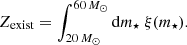 Mathematical equation: $$ \begin{aligned} Z_{\rm exist} = \int _{20\,M_{\odot }}^{60\,M_{\odot }} \mathrm{d}m_{\star }\ {\xi ( m_{\star } )}. \end{aligned} $$