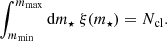 Mathematical equation: $$ \begin{aligned} \int _{m_{\rm min}}^{m_{\rm max}} \mathrm{d}m_{\star }\ {\xi ( m_{\star } )} = N_{\rm cl}. \end{aligned} $$