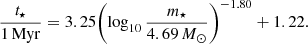 Mathematical equation: $$ \begin{aligned} \frac{t_{\star }}{1\,\mathrm{Myr}} = 3.25 {\left( {\log _{10} \frac{ m_{\star }}{4.69\,M_{\odot }}} \right)}^{-1.80} + 1.22. \end{aligned} $$