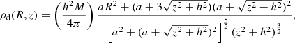 Mathematical equation: $$ \begin{aligned} \rho _{\rm d}(R,z) = \left( \dfrac{h^2 M}{4 \pi } \right) \dfrac{a R^2 + (a + 3\sqrt{z^2 + h^2}) (a + \sqrt{z^2 + h^2})^2}{\left[ a^2 + (a + \sqrt{z^2 + h^2})^2\right]^{\frac{5}{2}} (z^2 + h^2)^{\frac{3}{2}}}, \end{aligned} $$