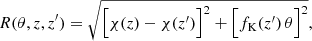 Mathematical equation: $$ \begin{aligned} R(\theta , z, z^{\prime }) = \sqrt{\Big [\chi (z)-\chi (z^{\prime })\Big ]^{2}+\Big [f_{\rm K}(z^{\prime })\,\theta \Big ]^{2}}, \end{aligned} $$