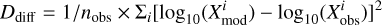 Mathematical equation: $ {D_{{\rm{diff}}}} = 1/{n_{{\rm{obs}}}} \times {\Sigma _i}{\left[ {{{\log }_{10}}\left( {X_{\bmod }^i} \right) - {{\log }_{10}}\left( {X_{{\rm{obs}}}^i} \right)} \right]^2} $
