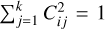 Mathematical equation: $\Sigma _{j = 1}^kC_{ij}^2 = 1$