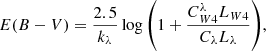Mathematical equation: $$ \begin{aligned} E(B-V) = \frac{2.5}{k_\lambda } \log { \left( 1 + \frac{C_{W4}^\lambda L_{W4}}{ C_\lambda L_\lambda } \right) }, \end{aligned} $$