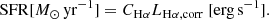 Mathematical equation: $$ \begin{aligned} \mathrm{SFR} [{M_{\odot }\, \mathrm{yr}^{-1}}] = C_{\rm H\alpha } L_{\rm H\alpha , corr }\ [\mathrm{erg\, s}^{-1}]. \end{aligned} $$