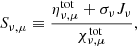 Mathematical equation: $$ \begin{aligned} S_{\nu ,\mu }\equiv \frac{\eta ^\mathrm{tot} _{\nu ,\mu } + \sigma _\nu J_\nu }{\chi ^\mathrm{tot} _{\nu ,\mu }}, \end{aligned} $$