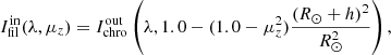 Mathematical equation: $$ \begin{aligned} I_{\rm fil}^\mathrm{in} (\lambda ,\mu _z) = I_{\rm chro}^\mathrm{out} \left(\lambda , 1.0 - (1.0-\mu _z^2) \frac{(R_\odot + h)^2}{R_\odot ^2}\right), \end{aligned} $$