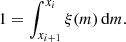 Mathematical equation: $$ \begin{aligned} 1=\int _{x_{i+1}}^{x_i}\xi (m)\,\mathrm{d}m. \end{aligned} $$
