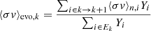 Mathematical equation: $$ \begin{aligned} \displaystyle \langle \sigma {v} \rangle _{\mathrm{evo} ,k} = \frac{\sum _{i\in k \rightarrow k+1} \langle \sigma {v} \rangle _{n,i} Y_i}{\sum _{i \in E_k}Y_{i}} \end{aligned} $$