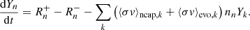 Mathematical equation: $$ \begin{aligned} \frac{\mathrm{d}Y_n}{\mathrm{d}t} = R_n^+ - R_n^- - \sum _k \left(\langle \sigma {v} \rangle _{\mathrm{ncap} ,k} +\langle \sigma {v} \rangle _{\mathrm{evo} ,k} \right) n_n Y_k. \end{aligned} $$