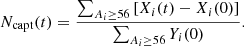 Mathematical equation: $$ \begin{aligned} N_{\mathrm{capt} }(t) = \frac{\sum _{A_i\ge 56}\left[X_i(t)-X_i(0)\right]}{\sum _{A_i\ge 56} Y_i(0)}. \end{aligned} $$
