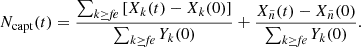 Mathematical equation: $$ \begin{aligned} N_{\mathrm{capt} }(t) = \frac{\sum _{k\ge \textit{fe}}\left[ X_k(t)-X_k(0)\right]}{\sum _{k\ge \textit{fe}} Y_k(0)} + \frac{X_{\tilde{n}}(t)-X_{\tilde{n}}(0)}{\sum _{k\ge \textit{fe}} Y_k(0)}. \end{aligned} $$