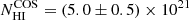 Mathematical equation: $ N_{\mathrm{HI}}^{\mathrm{COS}} = (5.0 \pm 0.5) \times 10^{21} $