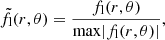 Mathematical equation: $$ \begin{aligned}&\tilde{f}_{\rm l}(r,\theta ) = \frac{f_{\rm l}(r,\theta )}{\mathrm{max} |f_{\rm l}(r,\theta )|}, \end{aligned} $$