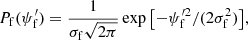 Mathematical equation: $$ \begin{aligned} P_{\mathrm{f} }(\psi^\prime _{\mathrm{f} }) = \frac{1}{\sigma _{\mathrm{f} }\sqrt{2\pi }}\exp {\left[ -\psi _{\mathrm{f} }^{\prime 2}/(2\sigma _{\mathrm{f} }^{2})\right]}, \end{aligned} $$