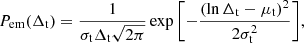 Mathematical equation: $$ \begin{aligned}&P_{\mathrm{em} }(\Delta _{\rm t}) = \frac{1}{\sigma _{\rm t}\Delta _{\rm t}\sqrt{2\pi }}\exp {\left[ -\frac{(\ln {\Delta _{\rm t}}-\mu _{\rm t})^{2}}{2\sigma _{\rm t}^{2}}\right]}, \end{aligned} $$