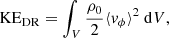 Mathematical equation: $$ \begin{aligned}&\mathrm{KE}_{\mathrm{DR} } = \int _{V} \frac{\rho _{0}}{2} \langle v_{\phi } \rangle ^{2} \ \mathrm{d}V, \end{aligned} $$
