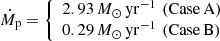 Mathematical equation: $$ \begin{aligned} {\dot{M}_{\rm p}}={\left\{ \begin{array}{ll} 2.93 \,{{M}_{\odot }}\, \mathrm{yr}^{-1} \,\,(\mathrm{Case \,A})\\ 0.29 \,{{M}_{\odot }}\, \mathrm{yr}^{-1} \,\,(\mathrm{Case \,B}) \end{array}\right.} \end{aligned} $$