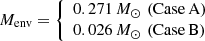 Mathematical equation: $$ \begin{aligned} {M_{\rm env}}={\left\{ \begin{array}{ll} 0.271\,{{M}_{\odot }} \,\,(\mathrm{Case \,A})\\ 0.026\,{{M}_{\odot }} \,\,(\mathrm{Case \,B}) \end{array}\right.} \end{aligned} $$