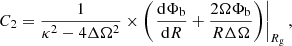 Mathematical equation: $$ \begin{aligned} C_2 = \frac{1}{\kappa ^2-4\Delta \Omega ^2} \times \left( \left. \frac{\mathrm{d}\Phi _{\rm b}}{\mathrm{d}R} + \frac{2\Omega \Phi _{\rm b}}{R\Delta \Omega } \right) \right|_{R_{\rm g}} ,\end{aligned} $$