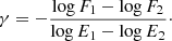 Mathematical equation: $$ \begin{aligned} \gamma = -\frac{\log {F_1}-\log {F_2}}{\log {E_1}-\log {E_2}}\cdot \end{aligned} $$