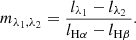 Mathematical equation: $$ \begin{aligned} m_{\lambda _1, \lambda _2}=\frac{l_{\lambda _1}-l_{\lambda _2}}{l_{\rm H\alpha }-l_{\rm H\beta }}. \end{aligned} $$