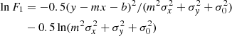 Mathematical equation: $$ \begin{aligned} \ln F_{1}&= -0.5(y-mx-b)^2/(m^2\sigma _x^2 + \sigma _y^2 + \sigma _0^2) \nonumber \\&-0.5 \ln (m^2\sigma _x^2 + \sigma _y^2 + \sigma _0^2) \end{aligned} $$