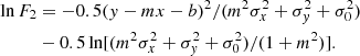 Mathematical equation: $$ \begin{aligned} \ln F_{2}&= -0.5(y-mx-b)^2/(m^2\sigma _x^2 + \sigma _y^2 + \sigma _0^2)\nonumber \\&-0.5 \ln [(m^2\sigma _x^2 + \sigma _y^2 + \sigma _0^2)/(1+m^2)]. \end{aligned} $$