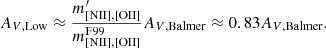 Mathematical equation: $$ \begin{aligned} A_{V,\mathrm{Low}} \approx \frac{m^{\prime }_{\rm [NII],[OII]}}{m^\mathrm{F99}_{\rm [NII],[OII]}}A_{V,\mathrm{Balmer}}\approx 0.83A_{V,\mathrm{Balmer}}. \end{aligned} $$