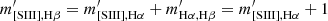 Mathematical equation: $ m^\prime_{\mathrm{[SIII] ,H\beta }} = m^\prime_{\mathrm{[SIII] ,H\alpha }} + m^\prime_{\mathrm{H\alpha ,H\beta }} = m^\prime_{\mathrm{[SIII] ,H\alpha }} + 1 $
